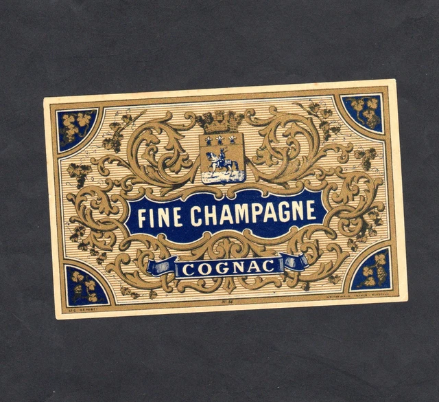 Étiquette Ancienne De Cognac Fine Champagne - Découpée En Feuille De Vigne Argent, Années 1910