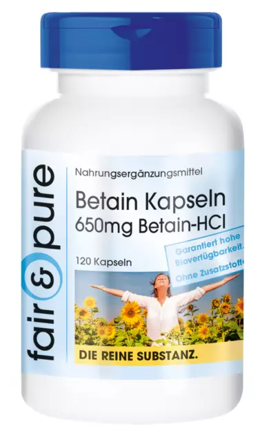 Betain Kapseln 650mg Betain-HCl - 120 Vegane Kapseln - fair & pure