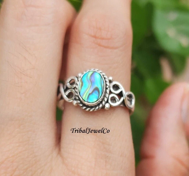 Bague Argent 925 – Pierre Précieuse Coquille D'ormeau – Fait Main Inde (taille 8)