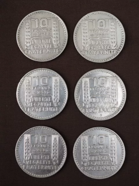 Numismatique FRANCE Lot de 6 Pièces  de 10 Francs Turin 1945 à 1949 - TBE