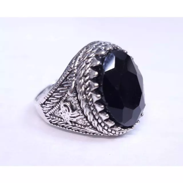 Ring 9.5 Silvertone Black Oval Stone Cabachon Chunky Detailed Mens Womens New