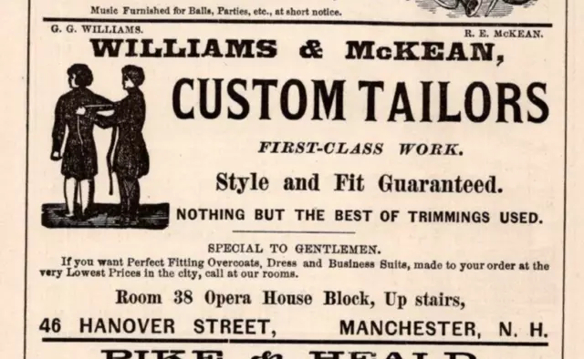 1881 Williams & McKean Custom Tailors Best Trimming MANCHESTER NH  2.5" Print Ad