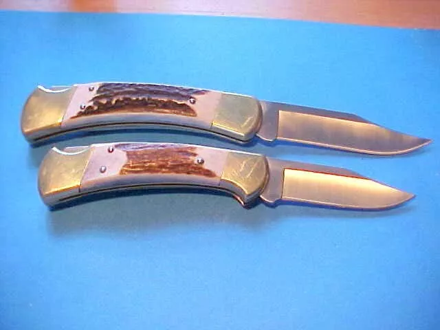 Rare Unused Custom Buck 110 & 112 Knife Set Fat Stag Handles Sheaths Stand