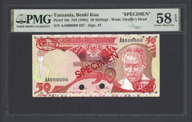 Tanzania 50 Shillingi ND(1985) P10s "Specimen " Abut Uncirculated