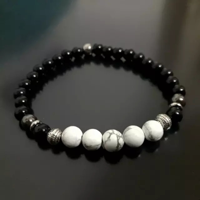 Bracciale in Howlite Bianca Pietre dure con Ematite Nero per Insonnia Uomo Donna