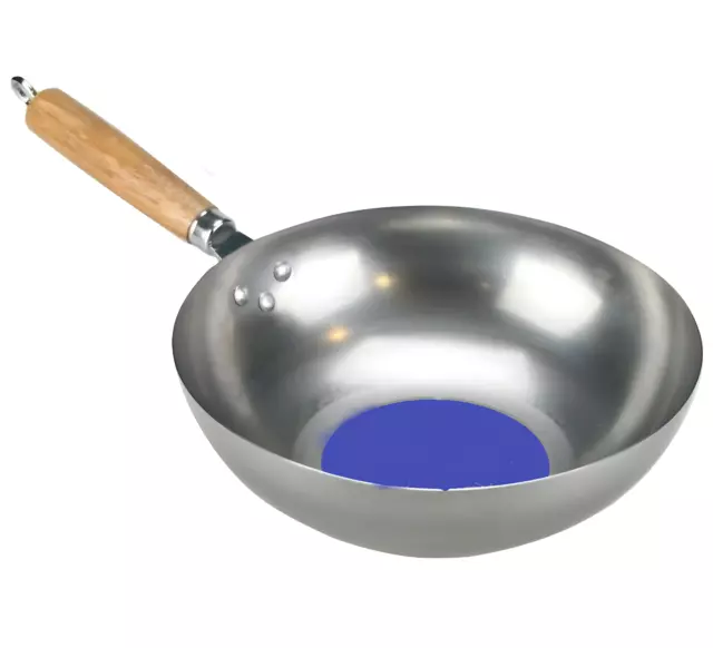 "Maniglia in legno wok acciaio al carbonio base piatta wok padella a mescolare profonda cucina cinese 12"