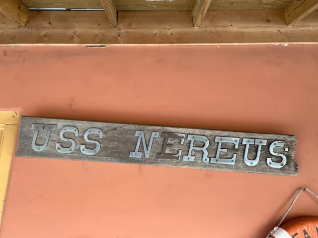 Vintage Brass US Navy USS NEREUS Submarine Ships Plank Sign Plaque Antique 62”
