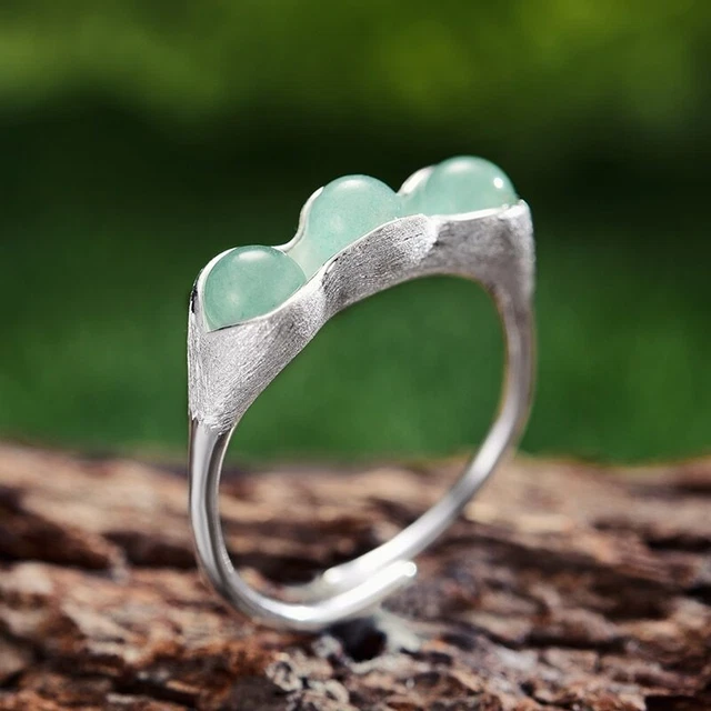 Natural Aventurine Gemstone Creative Pea Pods Ring 925 Silver Jewelry for Women