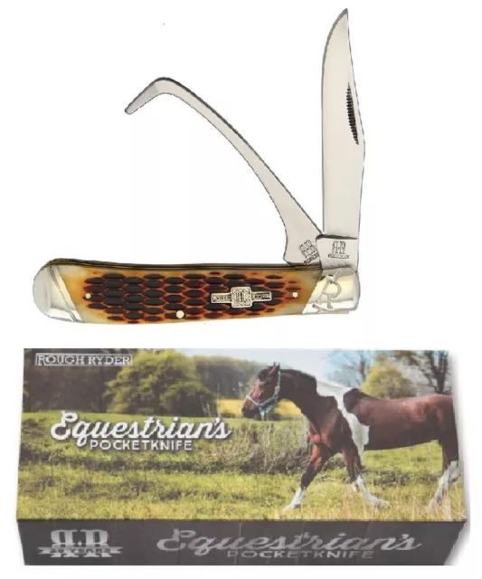 Equestrian pocket knife Trapper Amber Bone handle Horse Hoof pick Rough Ryder