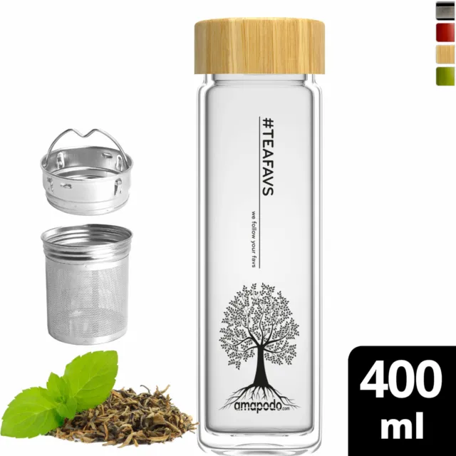 amapodo Teeflasche mit Sieb to go - Trinkflasche Glas doppelwandig für Tee 400ml