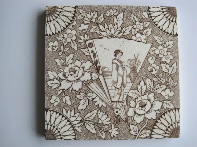 Antique Victorian Malkin Japanesque Brown Transfer Print Tile - C1870-1900