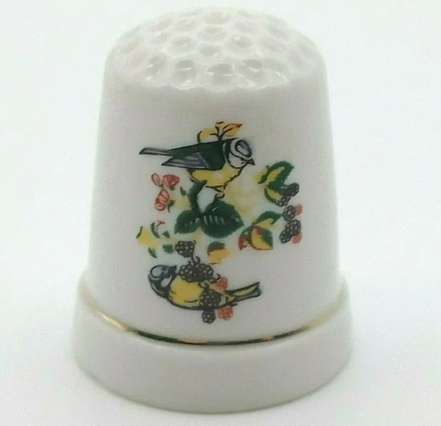 Vintage Porcelain Ceramic Birds Flowers Thimble White Hand Painted Gold Trim
