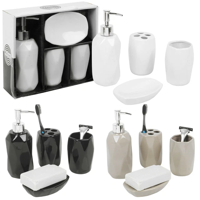 Ceramic 4 Piece Bathroom Soap Dispenser Toothbrush Holder Mug Dish Accessori Set