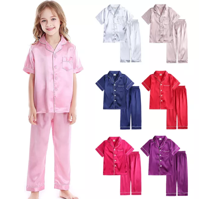 UK Boys Girls Silk Pyjamas Nightwear Short Sleeve Top Pants Pjs  Satin Sleepwear