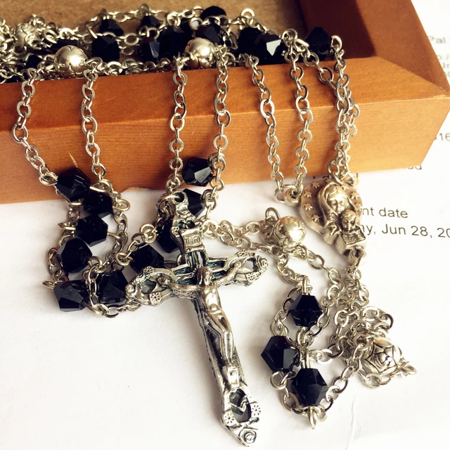 Black Crystal & Silver Rose Beads LADDER ROSARY CROSS crucifix catholic necklace