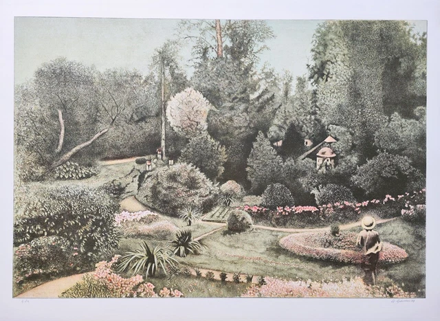 GIANNINI GIUSEPPE (Lucca 1937) LITOGRAFIA OPERA Veduta di Giardino Verde 50 x 70