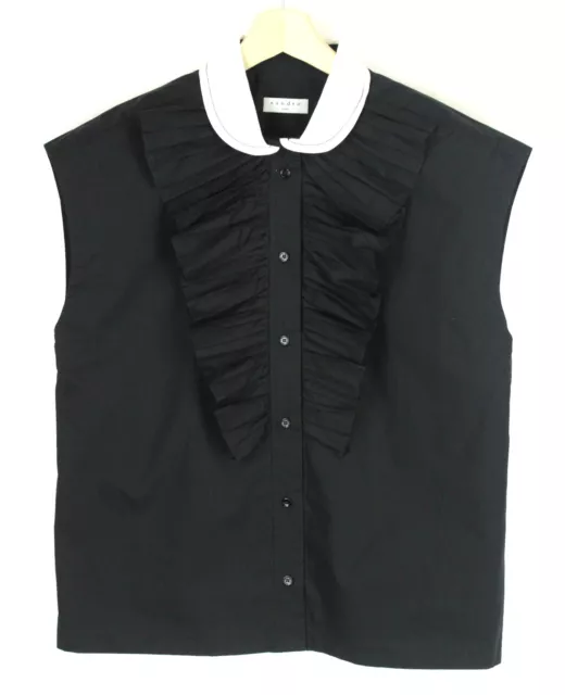 SANDRO Fanette Shirt Womens LARGE Peter-Pan Collar Ruffle Buttons Black