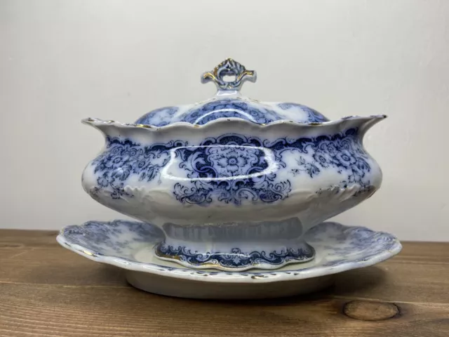 Vintage Ford & sons ceramic blue and white floral ornate serving dish with plate 2