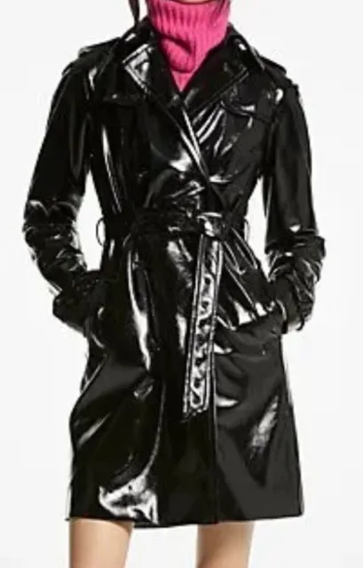 Michael Michael Kors Black Faux-Leather Trench Coat B6712 Womens Size M
