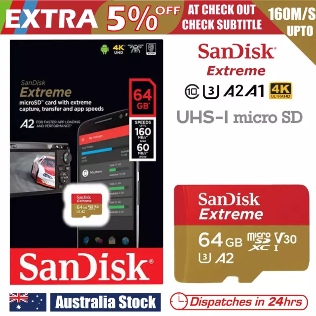 SanDisk Extreme 64GB micro SD SDXC UHS-I U3 V30 A2 160MB/s 4K Memory Card App