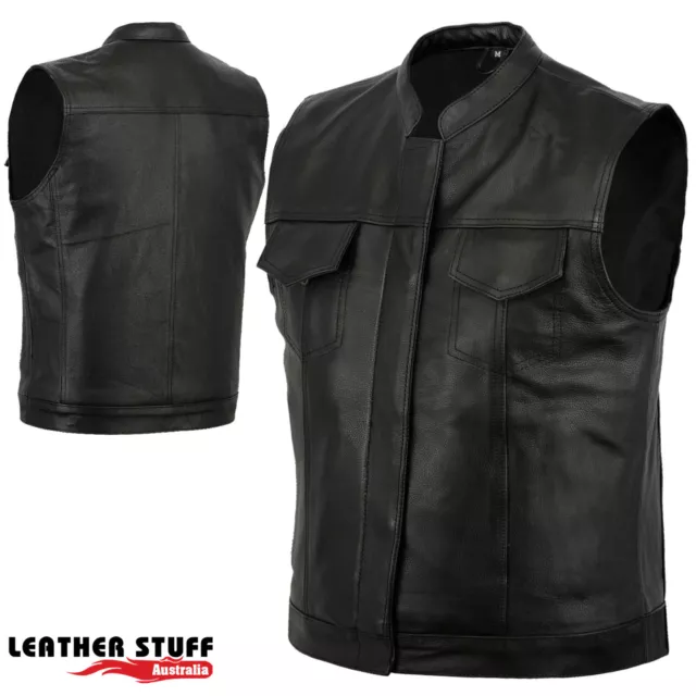 New Motorcycle "Sons Of Anarchy" Style A Grade Leather Vest hidden Zip & Studs