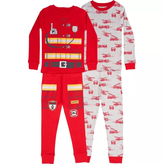 Toddler and Big Boy's Fireman Costume Themed 4-Piece Cotton Pajama Set