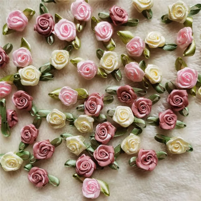Aplique satinado flores artificiales tela rosa costura artesanal roseta decoraciones 100 piezas