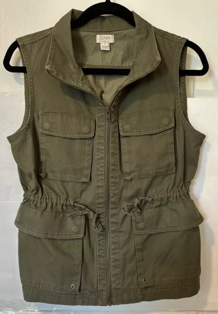 J Crew  Vest Womens small Olive Green Full Zip Army Military Twill Drawstrings