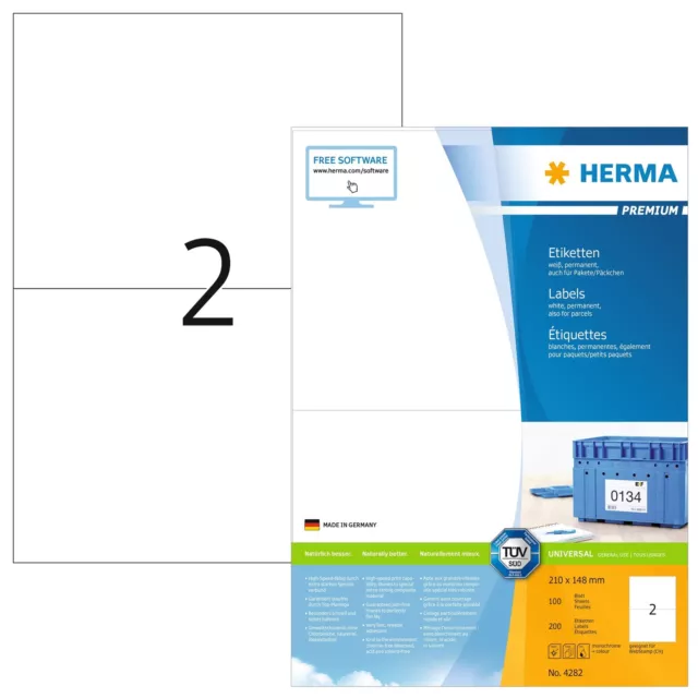 HERMA Self Adhesive Multi-Purpose Labels, 2 Labels Per A4 Sheet, 200 Labels For