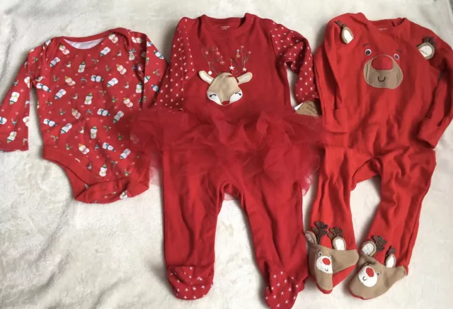 Bundle Job Lot Christmas Girls Baby Clothes 3-6 Months Babygrows Vest Reindeer