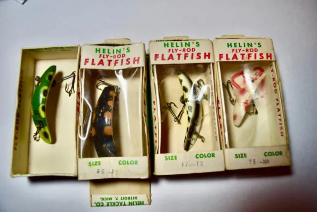 (4) Vintage Helin's Flatfish Fishing Lures w/Boxes Fly Rod Fly Fishing