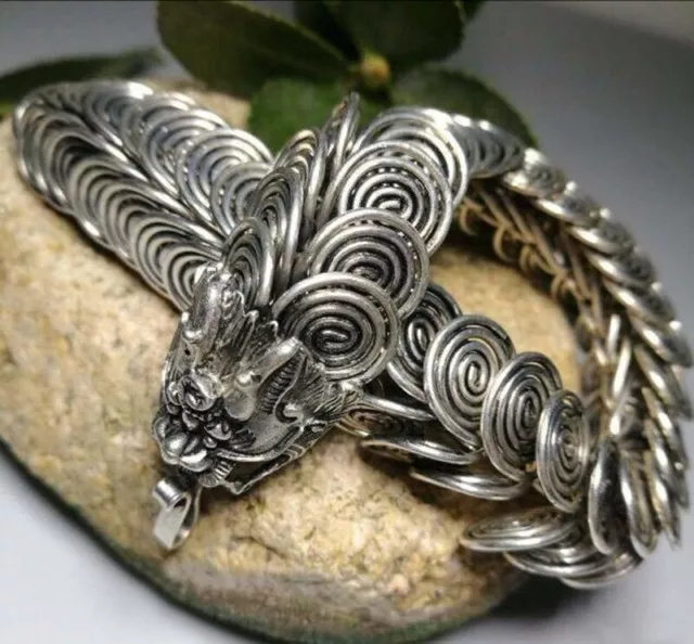 Exquisite Old Chinese tibet silver handcarving dragon head Bracelet A1