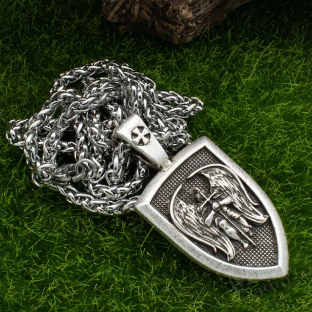 Archangel Saint St Michael Medal Shield Pendant Necklace Stainless Steel Chain