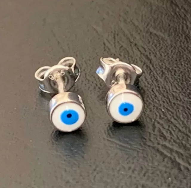 925 Sterling Silver Gold Small Evil Eye Stud Earrings White Blue Enamel Mini 4mm