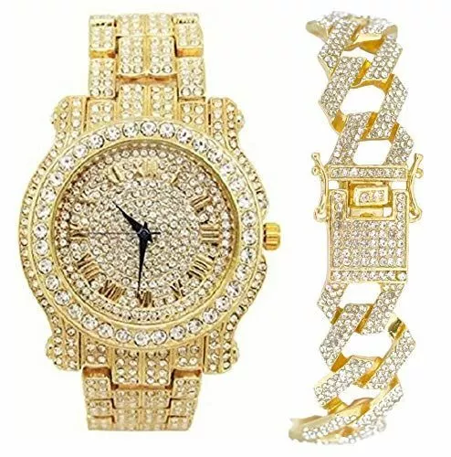 Bling-ed Out Gold Round Luxury Mens Watch w/ Iced ZZ Design Bracelet - L0504 ZZ