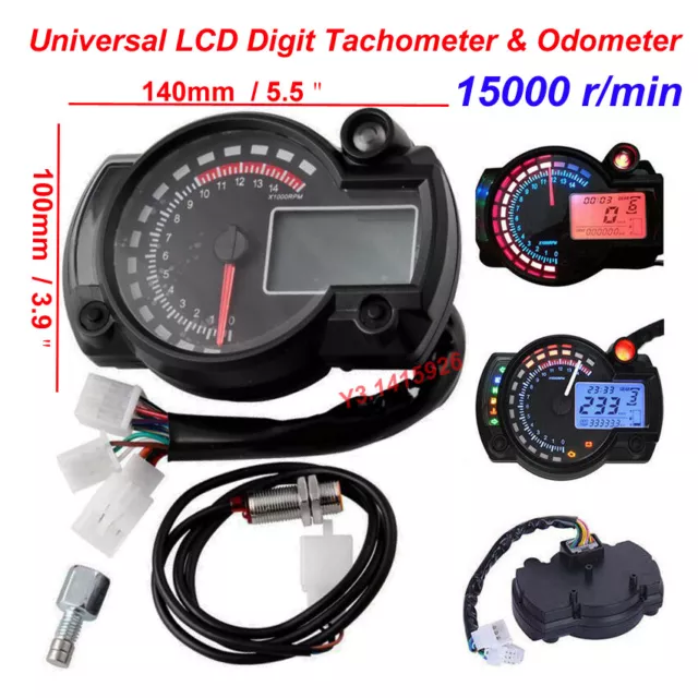 15000rpm Motorcycle Speedometer Gauge Universal LCD Digit Tachometer Odometer