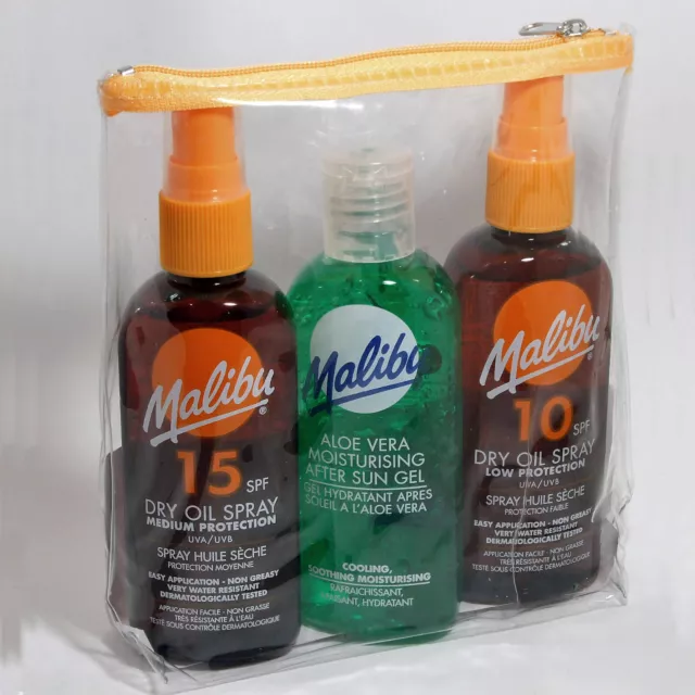 Borsa da viaggio Malibu 3 pezzi - olio spray SP10 e SPF15 + set marrone chiaro aloe aftersun