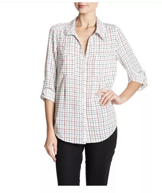 NWT $228 Joie Cartel check & plaid v-neck Top blouse Size Medium