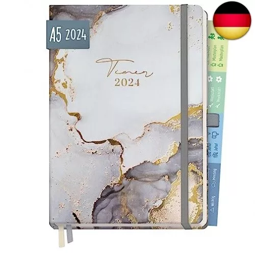 Chäff-Timer Premium Kalender 2024 A5 [Grey Marble] Terminplaner für 12 Monate |