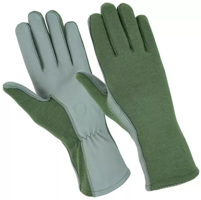 Tactical Nomex Flight Flyers Pilot Fire Resistant Leather Gloves-Green Xs-Xxl