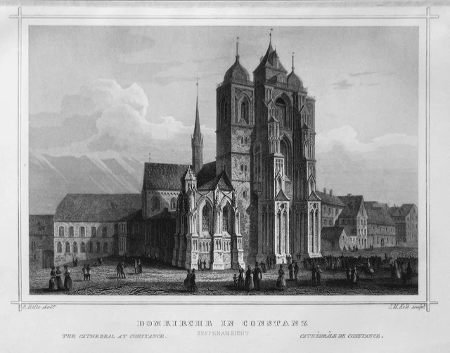 Konstanz Baden-Württemberg Duomo Chiesa Vista Incisione Acciaio Engraving 1850