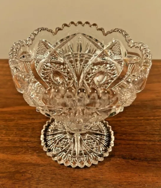 Vtg Clear Hobstar Fan Sawtooth Edge Pressed Glass Pedestal Compote Candy Dish