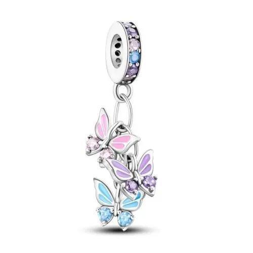 Genuine Three Butterflies Dangle Charm For Bracelets S925 Sterling Silver