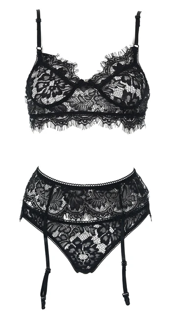 Set Intimo 3pcs, Pizzo Nero Trasparente con Fiori, Biancheria Sexy