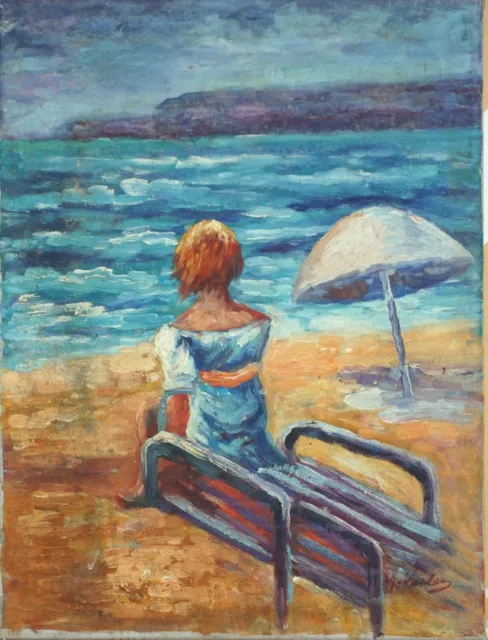 Jeune femme en bord de mer -    huile sur toile ,