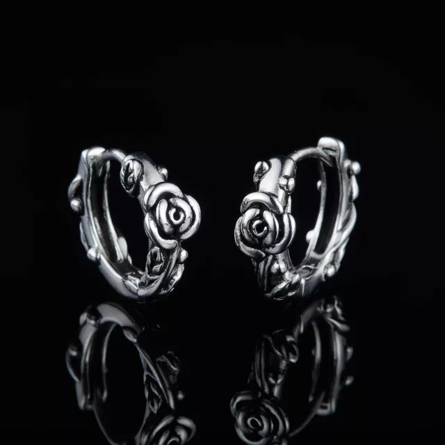 Men's Women's Surgical Steel Silver Rose Huggie Hoop Earrings Punk Rock Jewelry