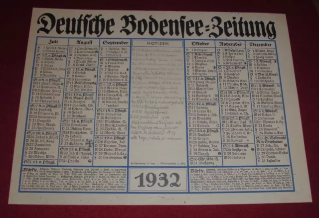 dachbodenfund deutsche bodensee zeitung wand kalender 1932 orig top vintage deko 2