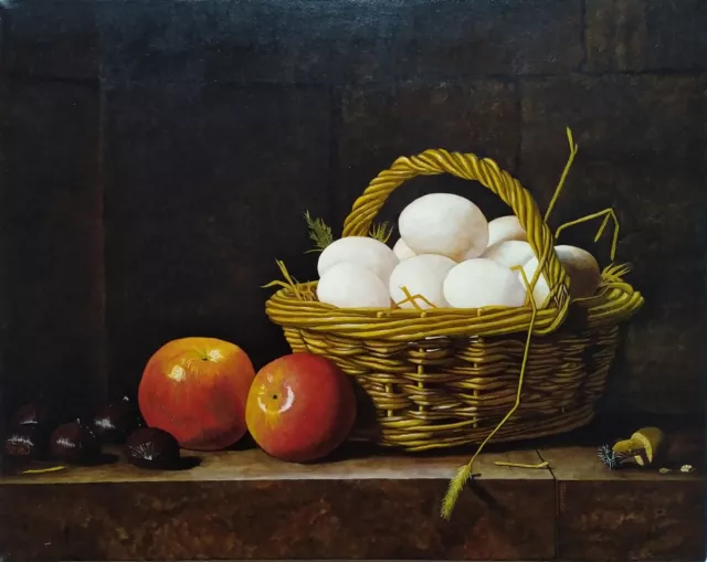 Stillleben, Ölbild mit Eierkorb und Äpfel. Signiert, datiert und ausgestellt. 32