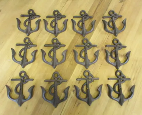 12 Cast Iron Anchor Coat Hooks Nautical Boat Coat Hat Beach Hook Rustic Brown