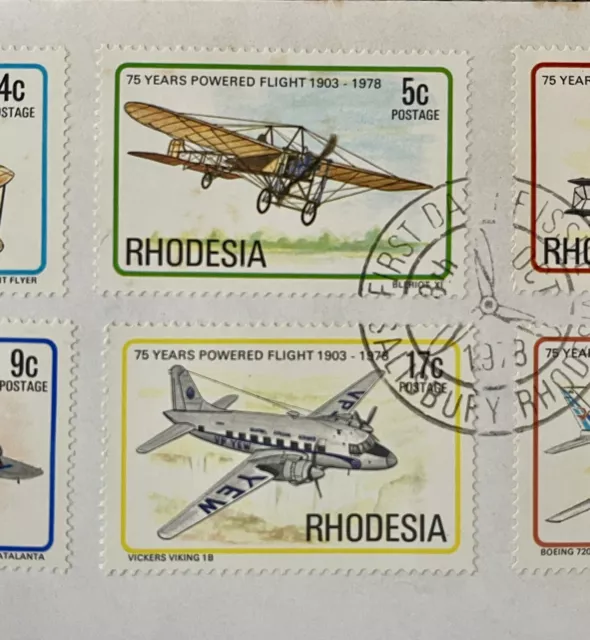 Juego de estampillas Rhodesia FDC 1978 portada de primer día 75 aniversario de vuelo motorizado 3
